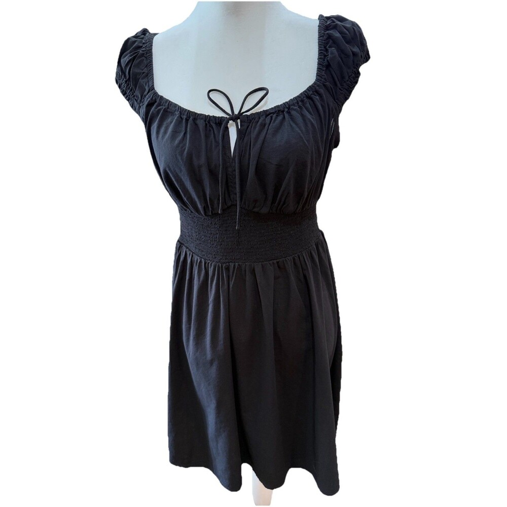 Romantic Black Puff Sleeve Smocked Waist Midi Dress NWT Square Neck Boho M